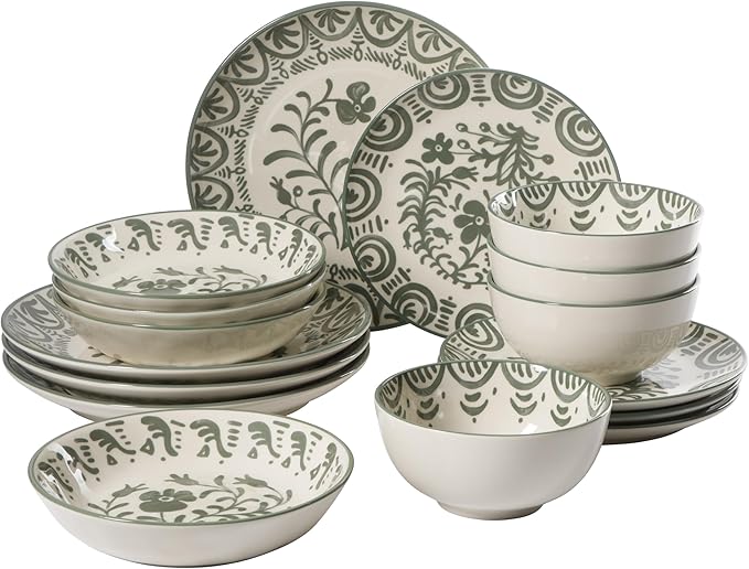 Bloomhouse - 2-Time Oprah’s Favorite Things - Valencia Flor 16 Piece Dinnerware Set Artisanal Decorated Stoneware Plates &amp Bowls Service for 4 Microwave &amp Dishwasher Safe Fern Green