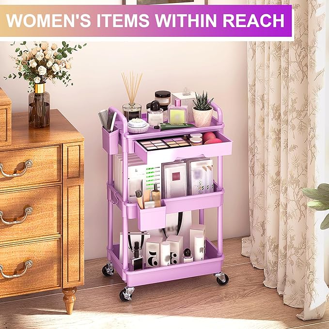 Goovilla 3 Tier Rolling Utility Cart Organizer with Removable Drawer Stable and Sturdy Purple Rolling Storage Carts with 2 Lockable Wheels for Bathroom Kitchen Snack Craft Makeup Baby Essentials