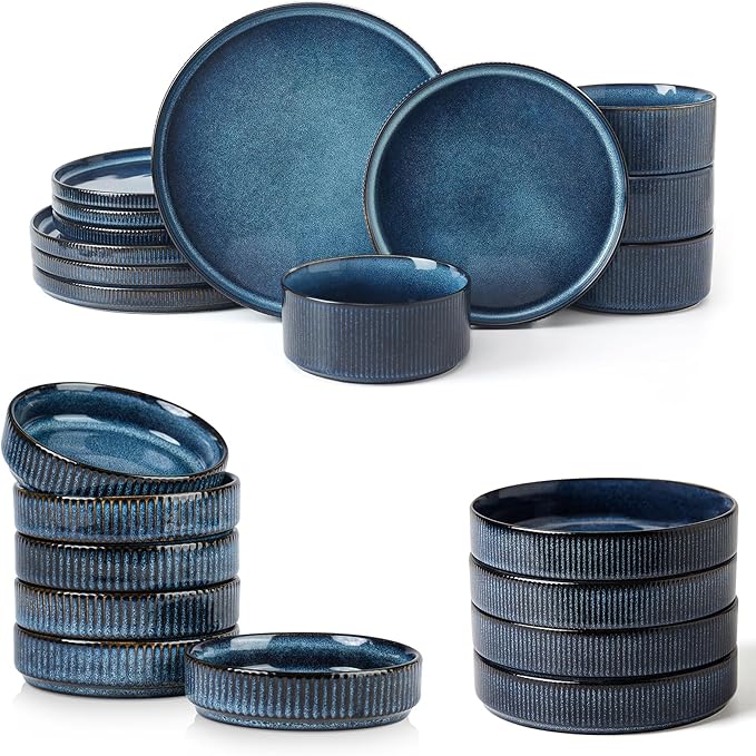 Famiware Dinnerware Set for 4 (12 Piece) and 7.5 Paste Bowl Set (4 Piece) and 4oz Dipping Bowl Set (6 Piece) - Star Stoneware Dishes - Nebulas Blue