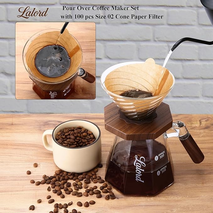 Pour Over Coffee Maker 20 oz Borosilicate Glass Set with 100 pcs Paper Filter Walnut Collar &amp Glass Lid Drip Coffee Maker 1-3 Cups Clear (B-600 ml Set)