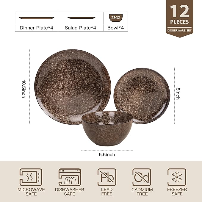Plates and Bowls Sets 12 Pieces Dark Blue Dinnerware Sets for Kitchen Reactive Glaze Dishes Set for 4 Dishwasher and Microwave Safe Series Starflecked Shore(Brown)