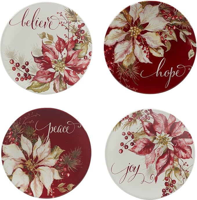 Winters Joy 16 Piece Dinnerware Set Service for 4 Multi Color Red White Holiday Casual Round Ceramic Dishwasher Safe Microwave
