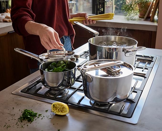 Joseph Joseph Space Steel 10-Piece Stainless Steel Sauce Pan Set with Lids Nesting with Folding Handles Induction &amp Oven Safe