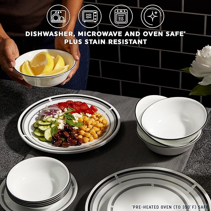 Corelle 18-Piece Dinnerware Set + 6 Corelle Dinner Plates | Vitrelle Glass Plates and Bowls Lightweight and Durable