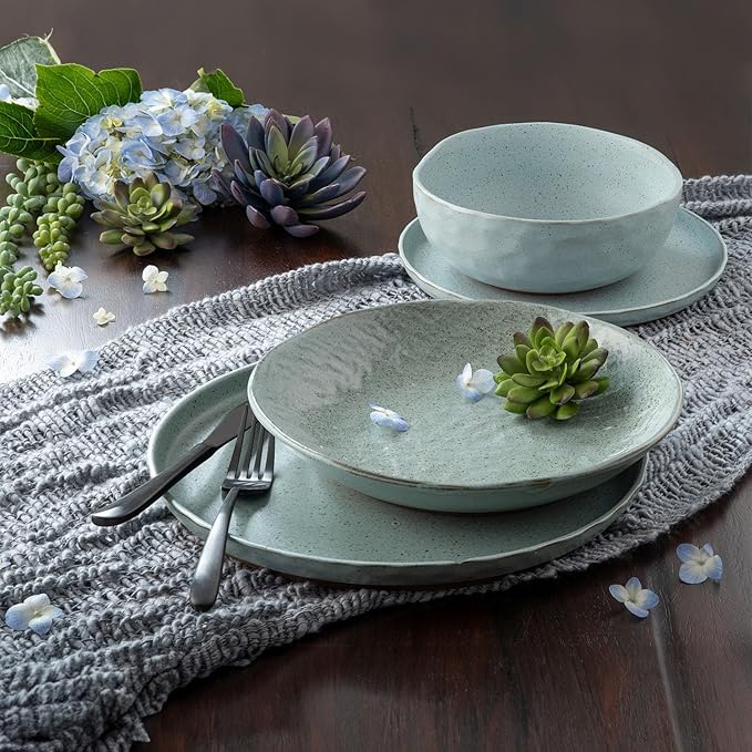 Sango Kaya 16-Piece Stoneware Dinnerware Set – Service for 4 Plate &amp Bowl Set Featuring Rustic Blue Speckled Design for Everyday Dining &amp Entertainment Microwave &amp Dishwasher Safe