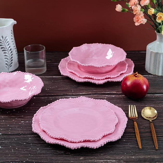 Pink Dishes Melamine Dinnerware Sets 18 Piece Kitchen Plates and Bowls tableware Set Lightweight BPA free Beaded Serving Dishes for Girls Valentine's Day Mother's Day. Service for 6.