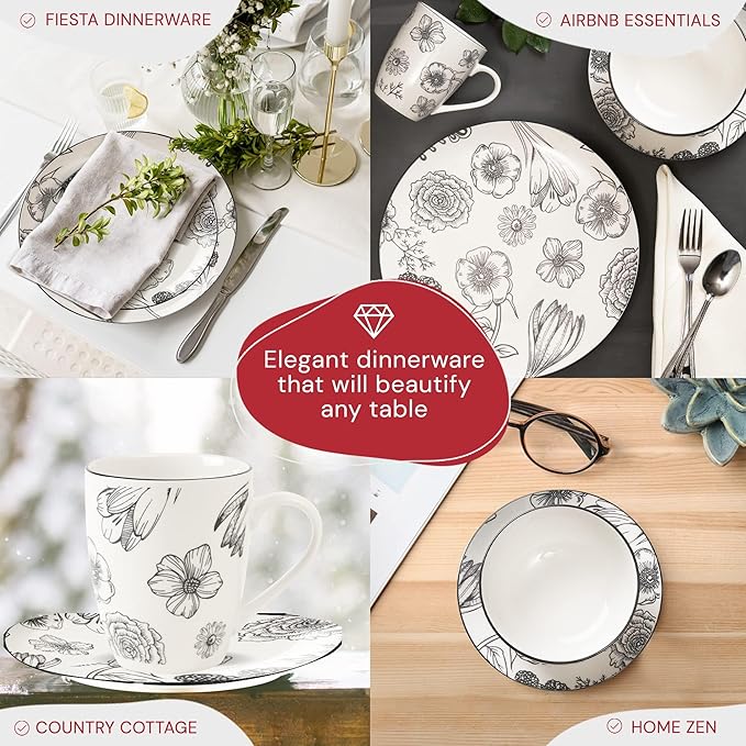 Pemberly Row 16-Piece Porcelain Dinnerware Set Floral White Design Includes Dinner Plates Salad Plates Bowls Mugs Lightweight Chip-Resistant Dishwasher &amp Microwave Safe Modern Table Settin