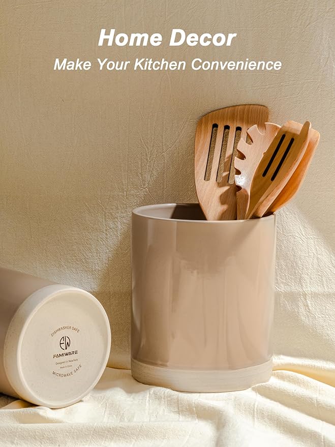 Famiware Milkyway Plates and Bowls Set of 12 and Kitchen Utensil Holder for Countertop Set of 2 14 Pieces Dinnerware Sets Cinnamon Brown