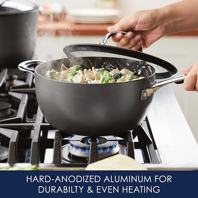 Rachael Ray Cook + Create Hard Anodized Nonstick Saucier Pan/Saucepan with Lid and Helper Handle 4.5 Quart - Black