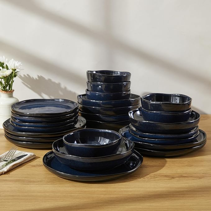 24 Pieces Dinnerware Set for 6 with Pasta Bowls Complete Ceramic Dish Set Stackable &amp Glossy Stoneware Plate and Bowl Set for Effortless Everyday Hosting Starry Blue