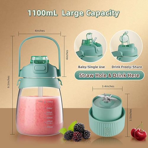1100ml Portable Juicer with 10-Blade Turbo Juicing USB-C Fast Charging 12+ Cups per Charge Juice Glass with Sip Lid &amp Carrying Strap for Travel &amp office &amp Gym. Not for Ice Crushing. (Gr
