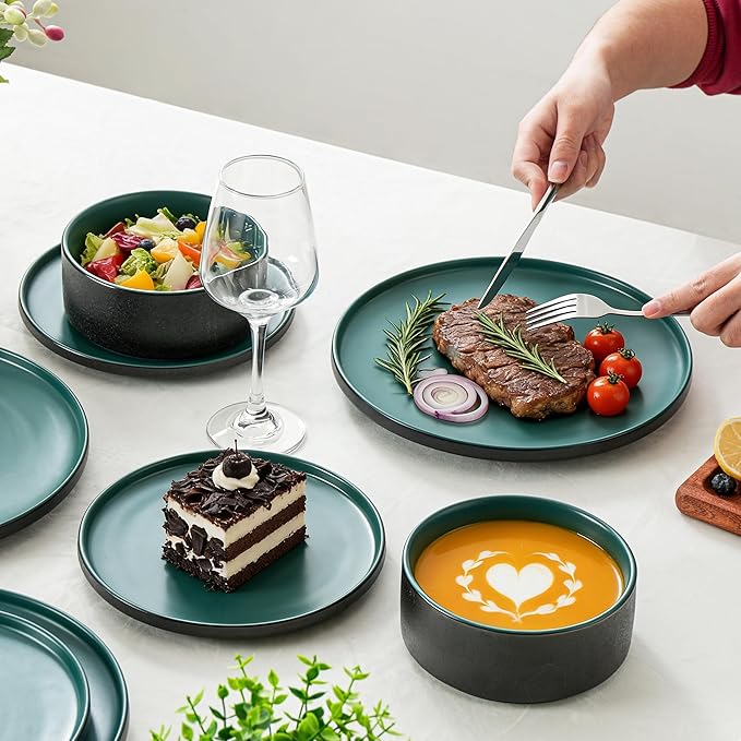 Ceramic Dinner Plates 10.25 Inch Flat Dish Set for 4 Perfect for Family and Entertaining Microwave &amp Dishwasher Safe Dinner Dishes for Steak Sandwiches Pizza Pasta Modern Green