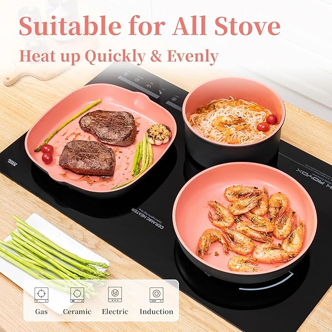 ROYDX Nonstick Pots and Pans Set Titanium Ceramics Cookware Set Pots and Pans with Removable Handles for RV Kitchen Oven &amp Dishwasher Safe Induction Compatible PFOA FreeSoft Peach
