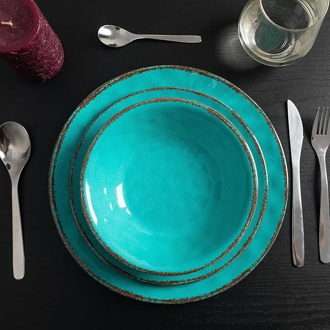 LEHAHA Rustic Melamine Dinnerware Sets 12-piece Dishes Plastic Dinnerware Set for 4 Break-resistant Plates and Bowls Set Outdoor Casual &amp Party Use Kitchen Dishes Set Teal…