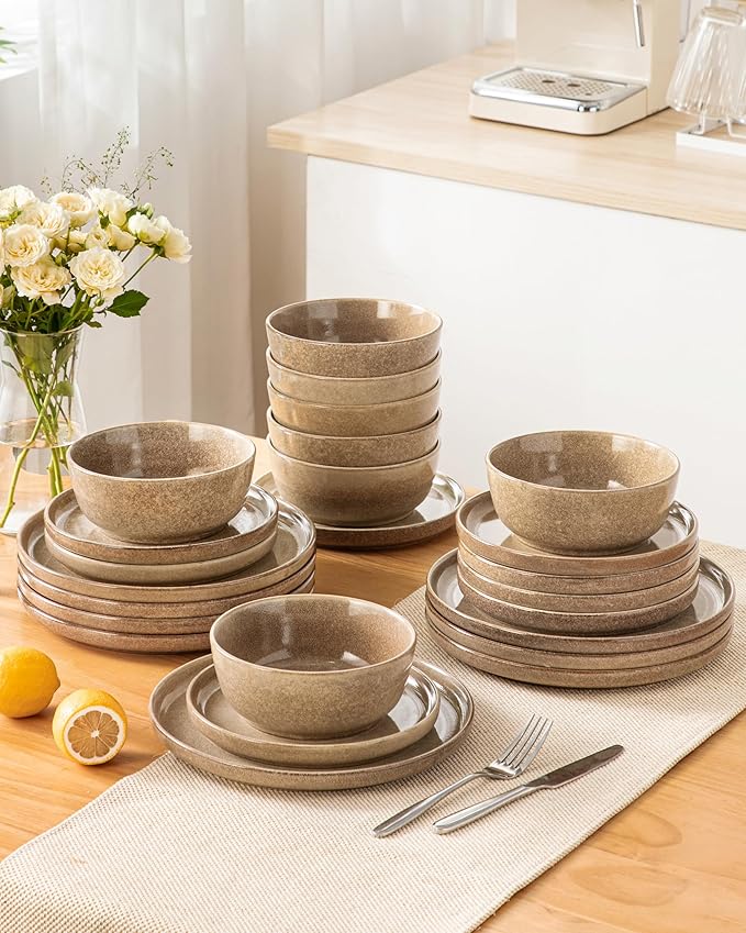 vancasso ANYA 24 Pieces Plates and Bowls Set Caramel Dinnerware Sets Reactive Glaze Dishes Set for 8 Ceramic Dishware Sets Kitchen Dinner Set Microwave &amp Dishwasher Safe