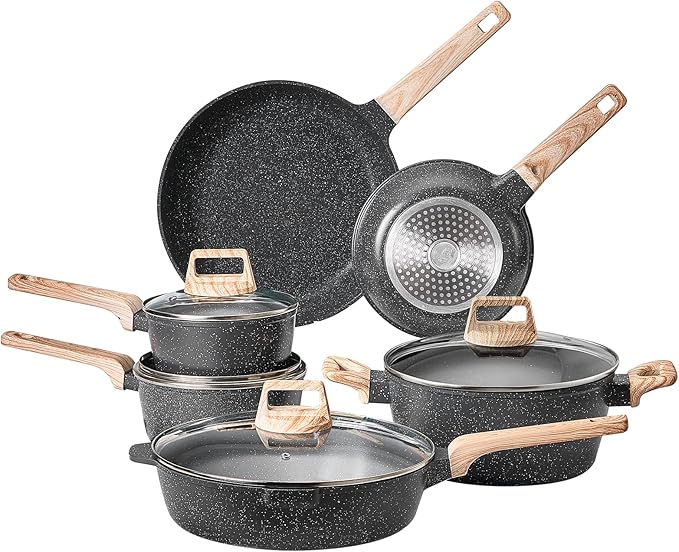 VEVOR 17 Piece Pots and Pans Set Nonstick Granite Cookware Set Induction Cookwares Kitchen RV Cooking Sets with Frying Sauce Saute Tempered Glass Lids and Pan Protectors Black
