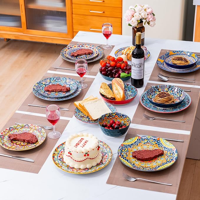 24 Pieces Dinnerware Sets Ceramic Plates and Bowls Set Microwave and Dishwasher Safe Scratch Resistant Bohemian Style Dishware Set Service for 6