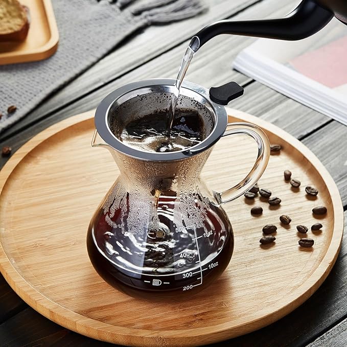 Unbreakable - Pour Over Coffee Maker with Double Stainless Filter 17oz Thickened Heat-Resistant Borosilicate Glass Dripper Coffee Pour Over Stovetop Safe