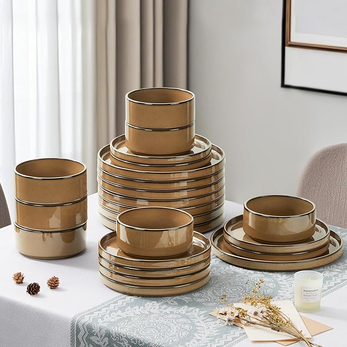 LIANYU 24 Piece Stoneware Dinnerware Sets Modern Plates and Bowls Dishes Set for 8 Elegant Dinning Dishware for Dinner Salad Cereal Dishwasher &amp Microwave Safe Amber Gold