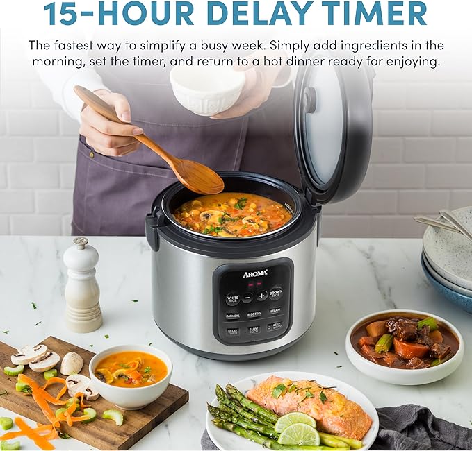 AROMA Digital Rice Cooker 4-Cup (Uncooked) / 8-Cup (Cooked) Steamer Multicooker Slow Cooker Oatmeal Cooker Auto Keep Warm 2 Qt Stainless Steel Exterior