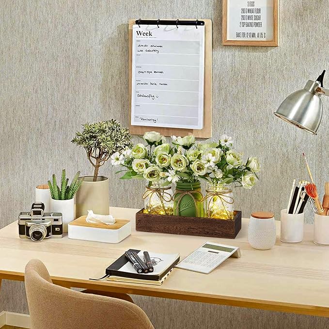 3 Pcs Mason Jar Centerpiece Table Decorations for Dining Farmhouse Coffee Table Decor with Wood Tray and Led Light Table Centerpieces for Dining room Kitchen Living BathroomGreen