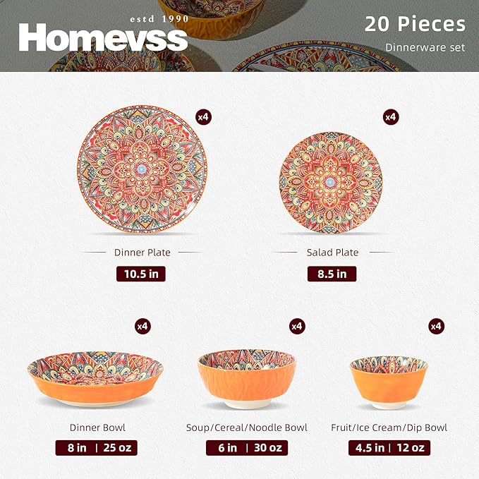 Homevss 20 Pieces Dinnerware Sets Plates and Bowls Set Porcelain Dishes Set for 4 Microwave and Dishwasher Safe Scratch Resistant Bohemian Style Dining Ware