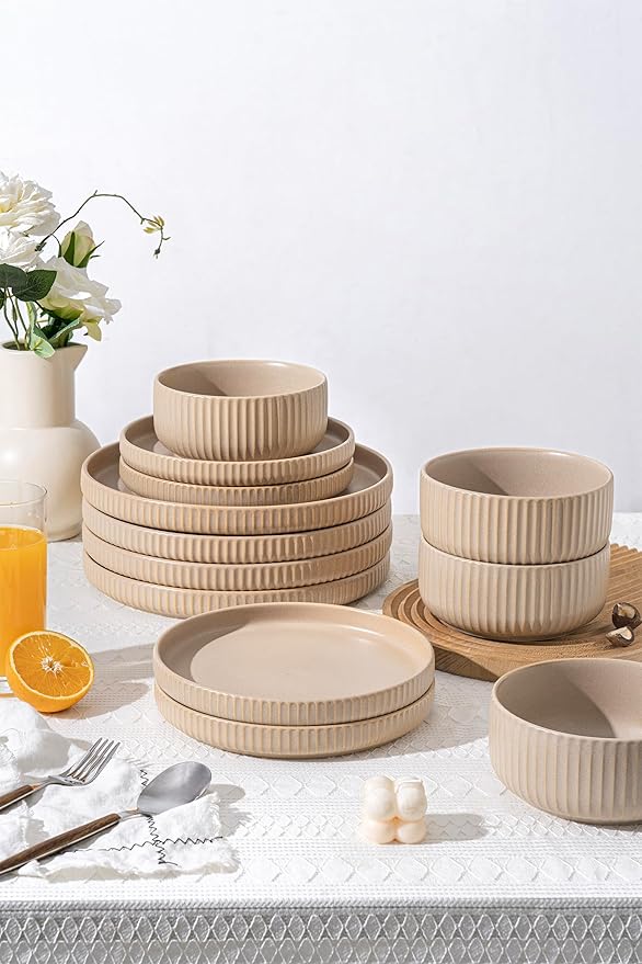 Natural Stoneware Dish Set18 Piece Plates and Bowls Sets in Warm Beige – Dinnerware for 6 for Warmhearted Homes &amp Everyday Harmony