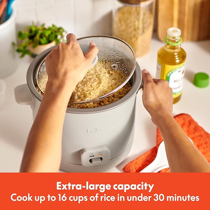 bella 16 Cup Rice Cooker with Steamer Dishwasher Safe Steaming Basket Rice Paddle and Measuring Cup Removable Nonstick Cooking Bowl Automatic Keep Warm Function 400 Watt Oatmilk