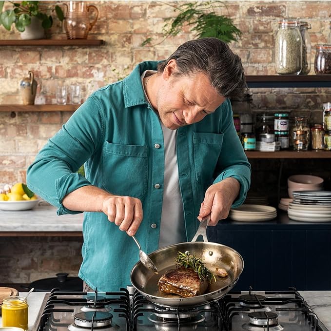 Jamie Oliver by T-fal Cook Smart 10-Piece Cookware Set Uncoated Stainless Steel Robust Fast Heating Even Cooking Riveted Handle Induction safe Oven and dishwasher safe