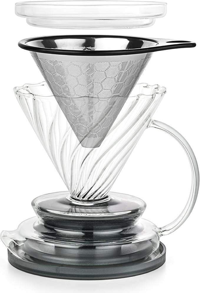 Pour Over Coffee Maker – Borosilicate Glass Dripper with Stainless Steel Reusable Filter Manual Eco Brewer Plastic-Free Non-Toxic Coffee Station Innovation Infuser for Daily Brewing