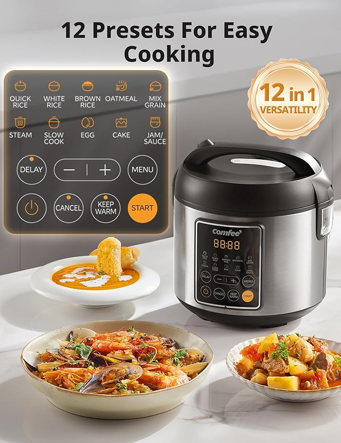 COMFEE' Rice Cooker 4 Cups Uncooked 8 Cups Cooked Slow Cooker 2 Qt Small Multicooker with 10 Presets Steamer &amp Grain Cooker Non-Stick Inner Pot