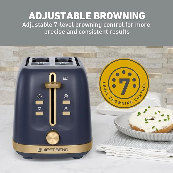 West Bend Timeless 2-Slice Toaster with 7 Browning Levels Bagel/Waffle/Defrost Settings High-Lift Lever Anti-Jam Easy-Clean Crumb Tray 2-Slice Blue/Gold
