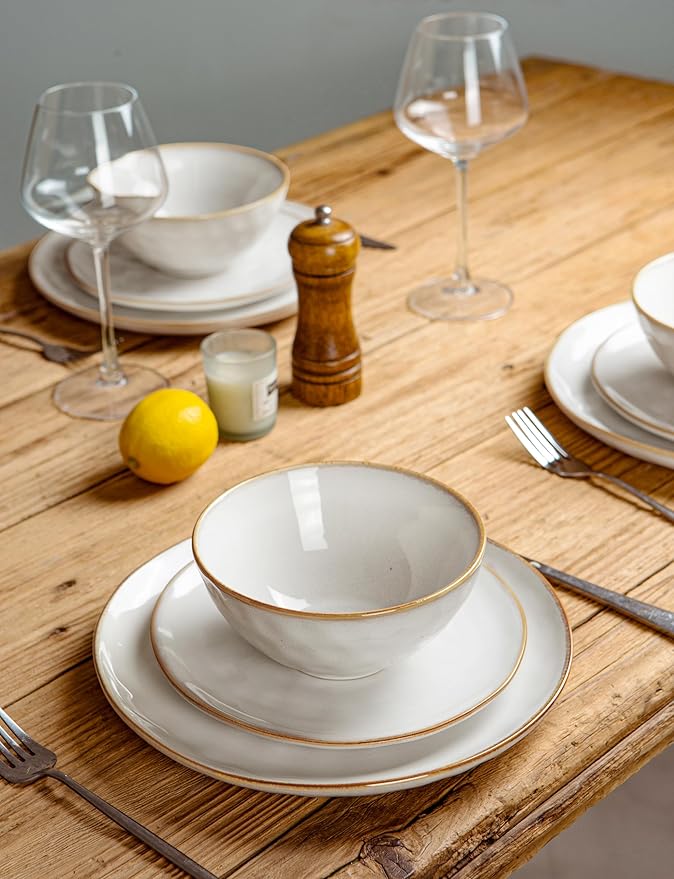 Famiware Ocean Round Plates and Bowls Sets for Kitchen 16-Piece Dinnerware Sets for 4 Mug Set for 4 Reactive Glaze Cappuccino White