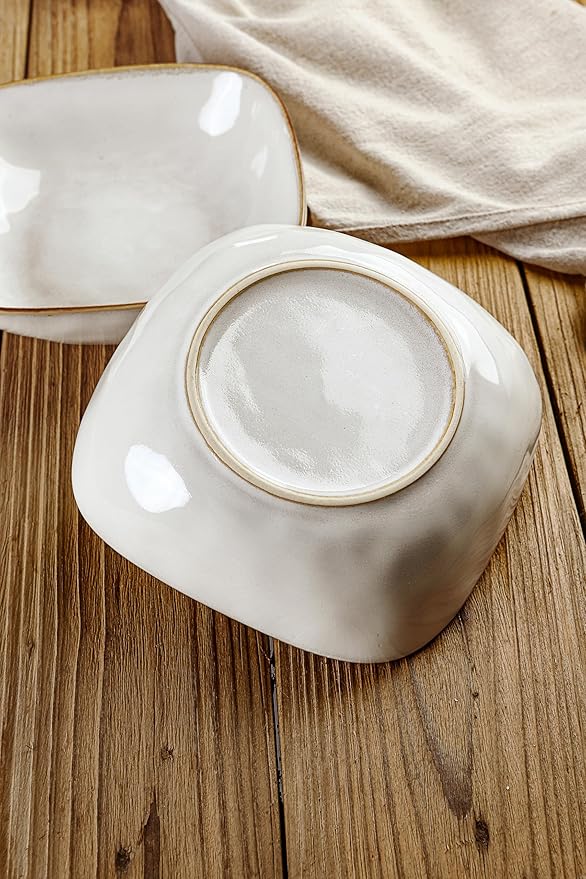 Famiware Ocean Square Plates and Bowls Sets for Kitchen 16-Piece Dinnerware Sets for 4 Reactive Glaze Cappuccino White