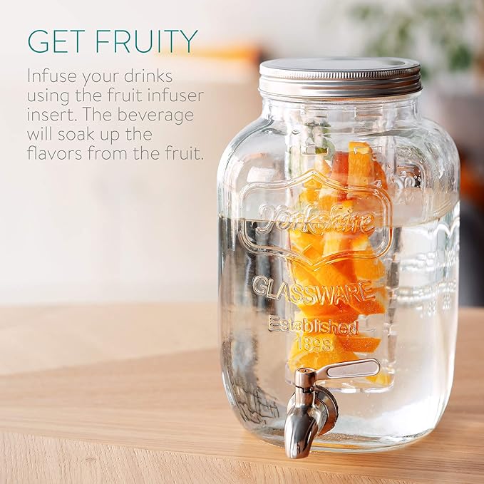 Navaris Glass Drink Dispenser with Spout - 4 L / 1 Gallon Mason Jar with Fruit &amp Ice Infuser - Beverage Fountain for Sweet Tea Punch Water Cocktail - Drinks Pitcher For Parties