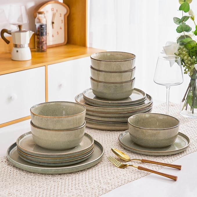 AmorArc 24PCS Ceramic Dinnerware SetsHandmade Reactive Glaze Plates and Bowls SetsHighly Chip and Crack Resistant | Dishwasher &amp Microwave Safe Dishes Set Service for 4 (24pc)
