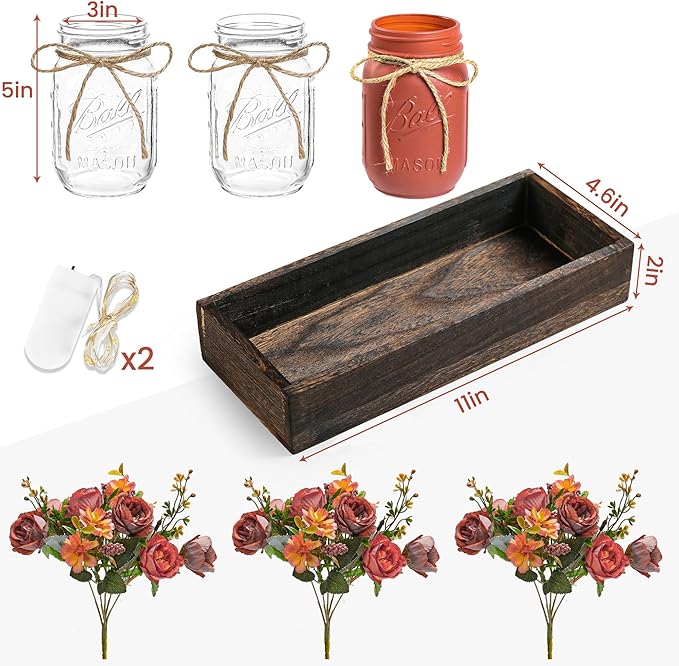 3 Pcs Mason Jar Centerpiece Table Decorations for Dining Table Decor Farmhouse Coffee Table Decor with Wood Tray and Led Light Table Centerpieces for Dining room Kitchen Living BathroomOrange