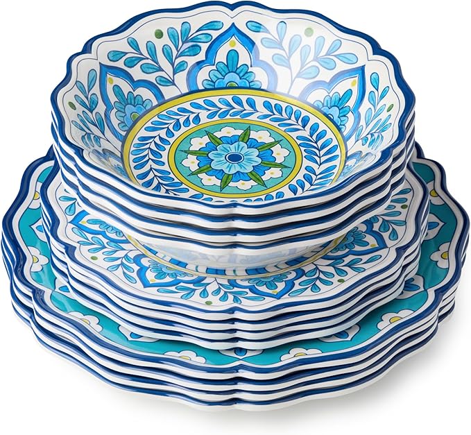 Porto 12 Pc. MELAMINE DINNERWARE SET SERVICE for 4 – artistically designed Talavera Tile Art Turquoise Blue Yellow Mandala