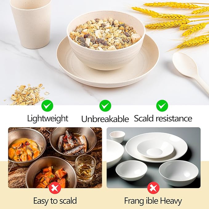 EI 42pcs Wheat Straw Dinnerware SetPlates and Bowls SetsReuasble PlateUnbreakable Dinner Plate for 6Microwave Dishwasher SafeCollege Dorm Room Essentials Dishes Sets-BowlsPlatesCupsCutlery