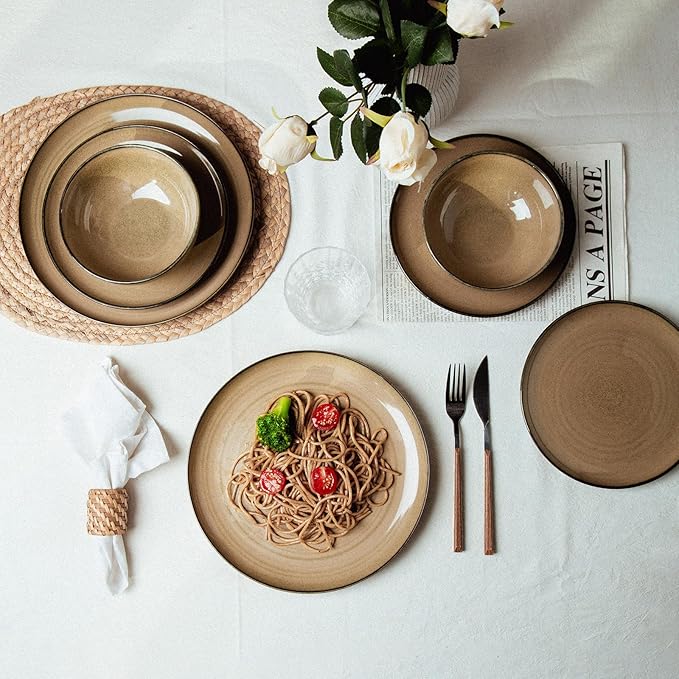 Ceramic Dinnerware 12 Pieces Dinnerware Sets Cereal Bowls Reactive Change Glaze Dish Sets Modern Stoneware Dishe