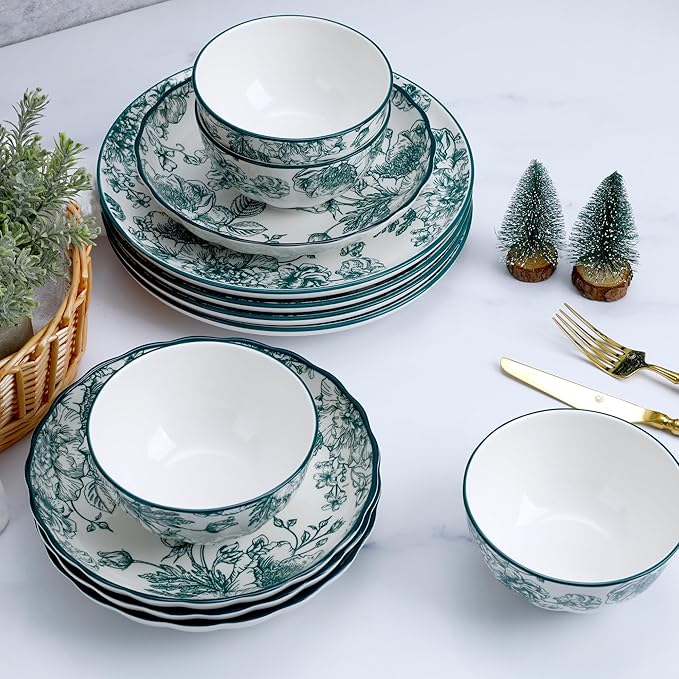 12-Piece Dinnerware Set for 4 Green Floral Porcelain Plates &amp Bowls Microwave and Dishwasher Safe