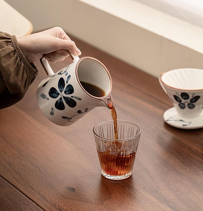 Pour Over Coffee MakerCeramic Coffee Maker With 40 pcs Paper Filter15oz/450ml Pour Over Coffee Dripper (Blue and white V02)