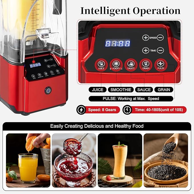 Commercial Quiet Blender 2200 Watt Professional Countertop Blender with 80oz Pitcher And Self-Cleaning High-Speed Blenders for Puree Ice Crush Shakes And Smoothies Red