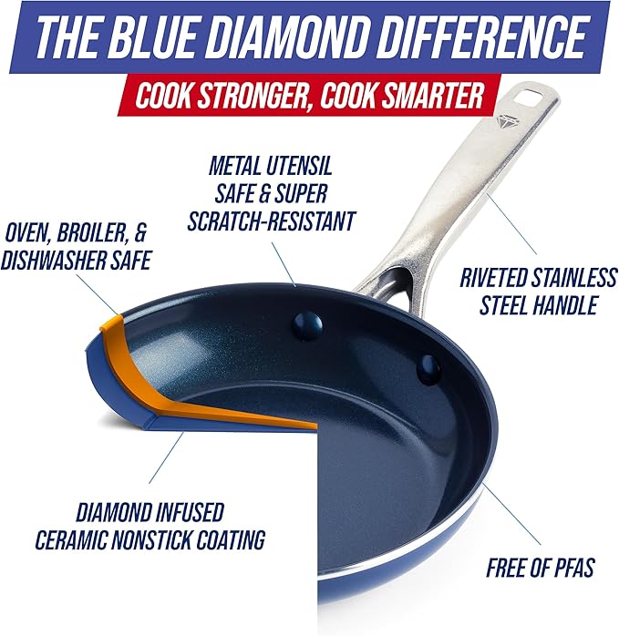 Blue Diamond 14 Piece Nonstick Cookware Set Diamond Ceramic Pots &amp Pans Dishwasher &amp Metal Utensil Safe Non Toxic PFAS-Free Kitchen Cooking Sauce &amp Saute Pans Oven &amp Broiler to 60