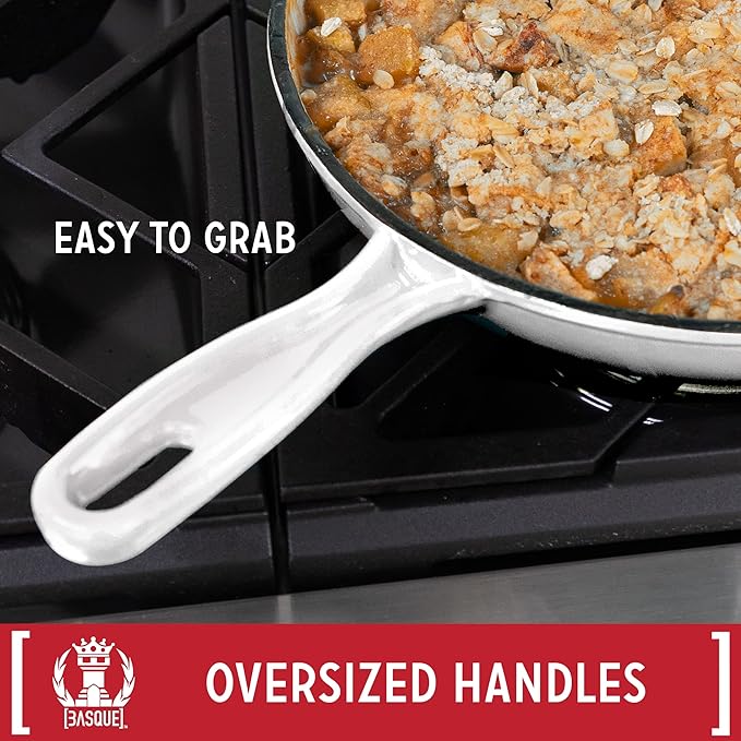 Basque Enameled Cast Iron Cookware Set (Blanc White) 7-Piece Set Nonstick Oversized Handles Oven Safe 10.25 Skillet 2QT Saucepan 2.25QT Small Dutch Oven 4.75QT Large Dutch Oven
