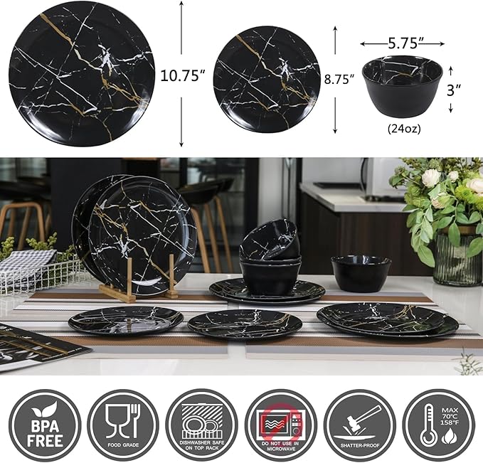 Melamine Dinnerware Set - 12pcs Plates and Bowls Sets Best for Indoor and Outdoor Party BPA-Free Dishwasher Safe Kitchen Dinner Set with Black Marble Pattern