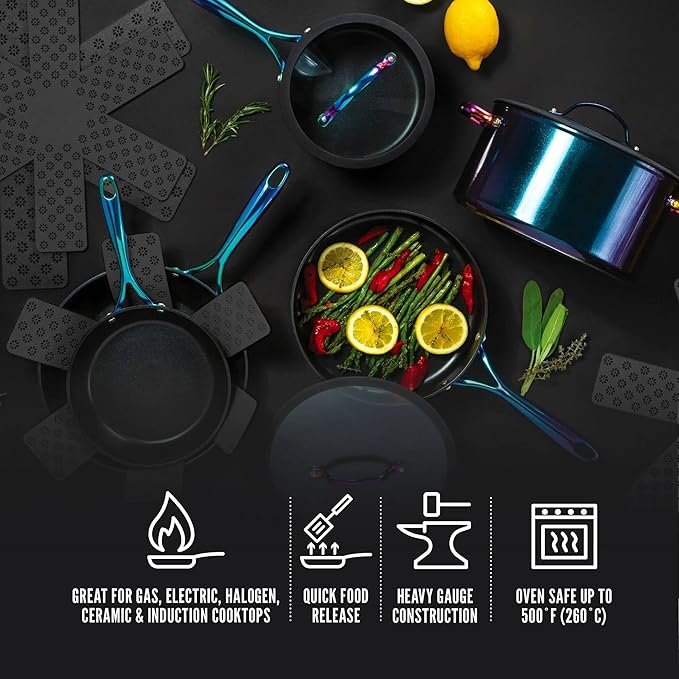 12-Piece Non-Stick Aluminum Cookware Set with Induction Base Oven Safe Black Finish (Black &amp Rainbow)