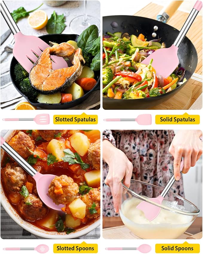 Pack of 4 Silicone Cooking Utensils Set Non Stick Large Solid Spatulas Heat Resistant Pink Slotted Spoons Ideal BPA Free Kitchen Turners for Frying MixingServingDrainingTurningStirring