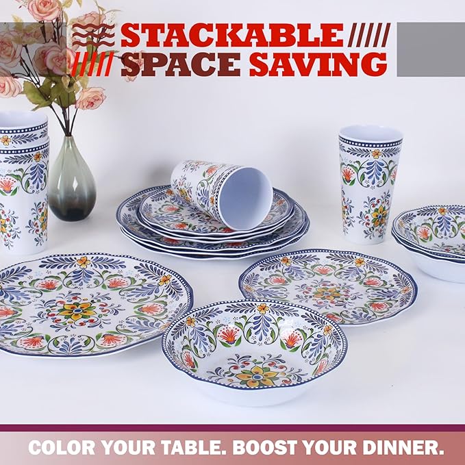 Melamine Dinnerware Set for 4-16 Pcs:Camping Dishes Set with Dinner PlatesSalad PlatesCups and Bowls.Lightweight and UnbreakableIndoor and Outdoor Use flower28