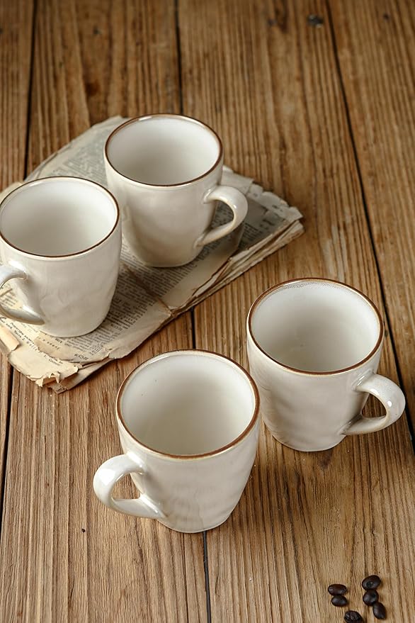 Famiware Ocean Round Plates and Bowls Sets for Kitchen 16-Piece Dinnerware Sets for 4 Mug Set for 4 Reactive Glaze Cappuccino White